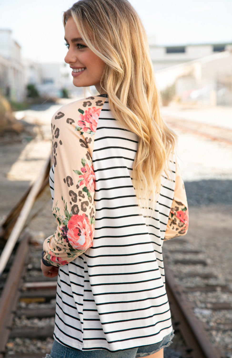 Stripe and Peach Leopard Floral Color Block Top Haptics