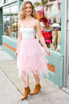 Feeling Femme' Blush Asymmetric Tiered Tulle Midi Skirt Haptics