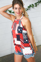 Patriotic Patchwork Halter Neck Waffle Knit Top Haptics