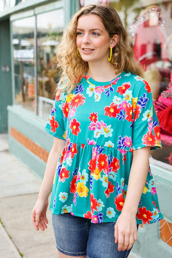 Take Me Away Teal Floral Drop Shoulder Babydoll Top Haptics