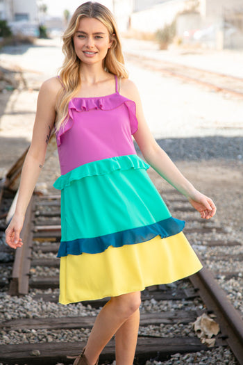 Fuchsia Shoulder Strap Color Block Tiered Ruffle Dress Haptics