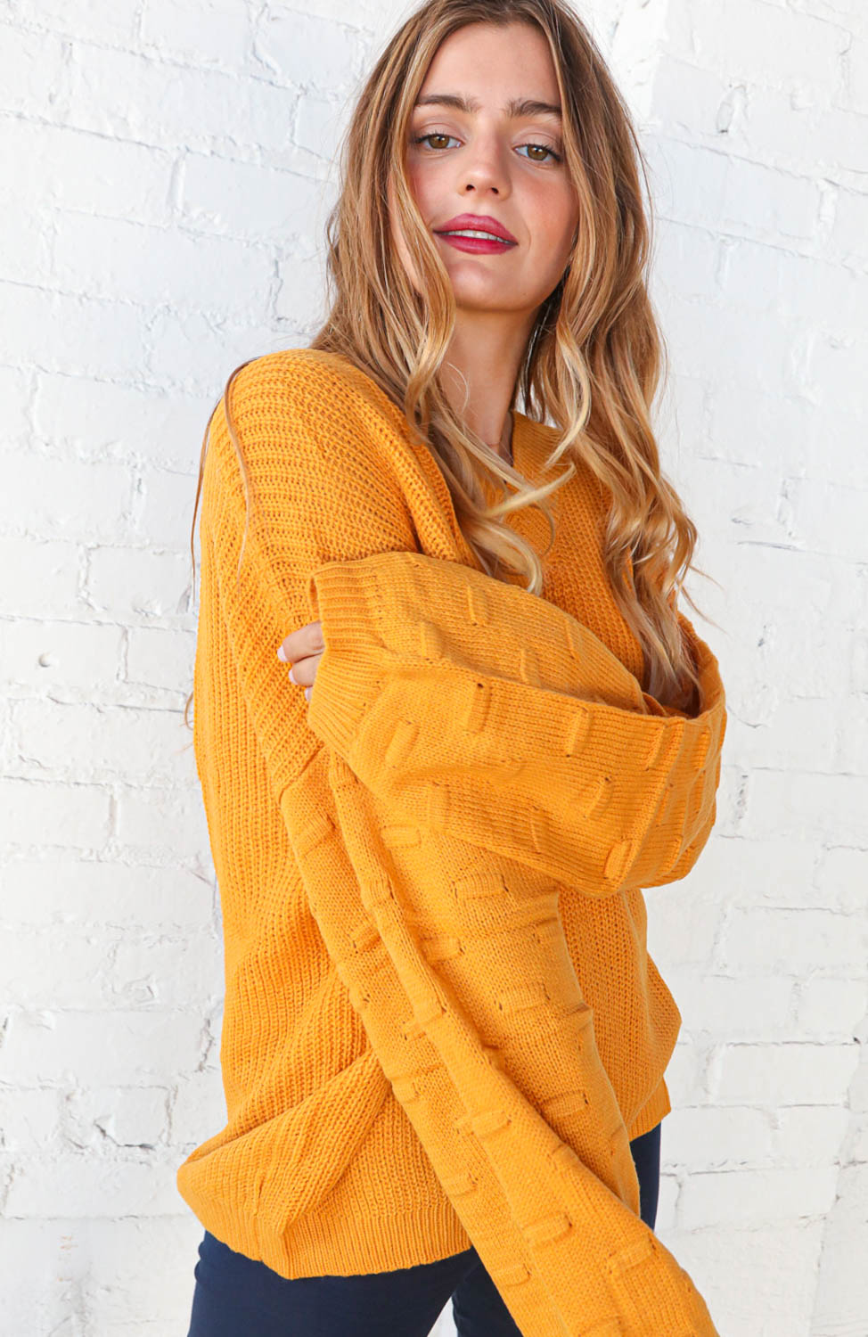 Mustard V Neck Chunky Textured Bubble Sleeve Sweater Haptics