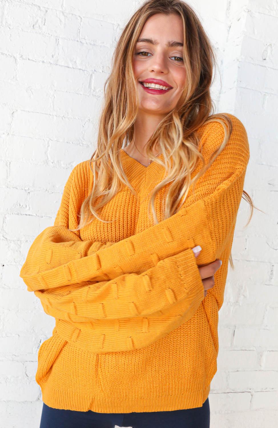 Mustard V Neck Chunky Textured Bubble Sleeve Sweater Haptics