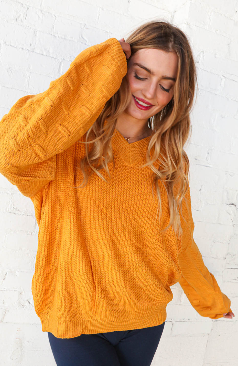 Mustard V Neck Chunky Textured Bubble Sleeve Sweater Haptics