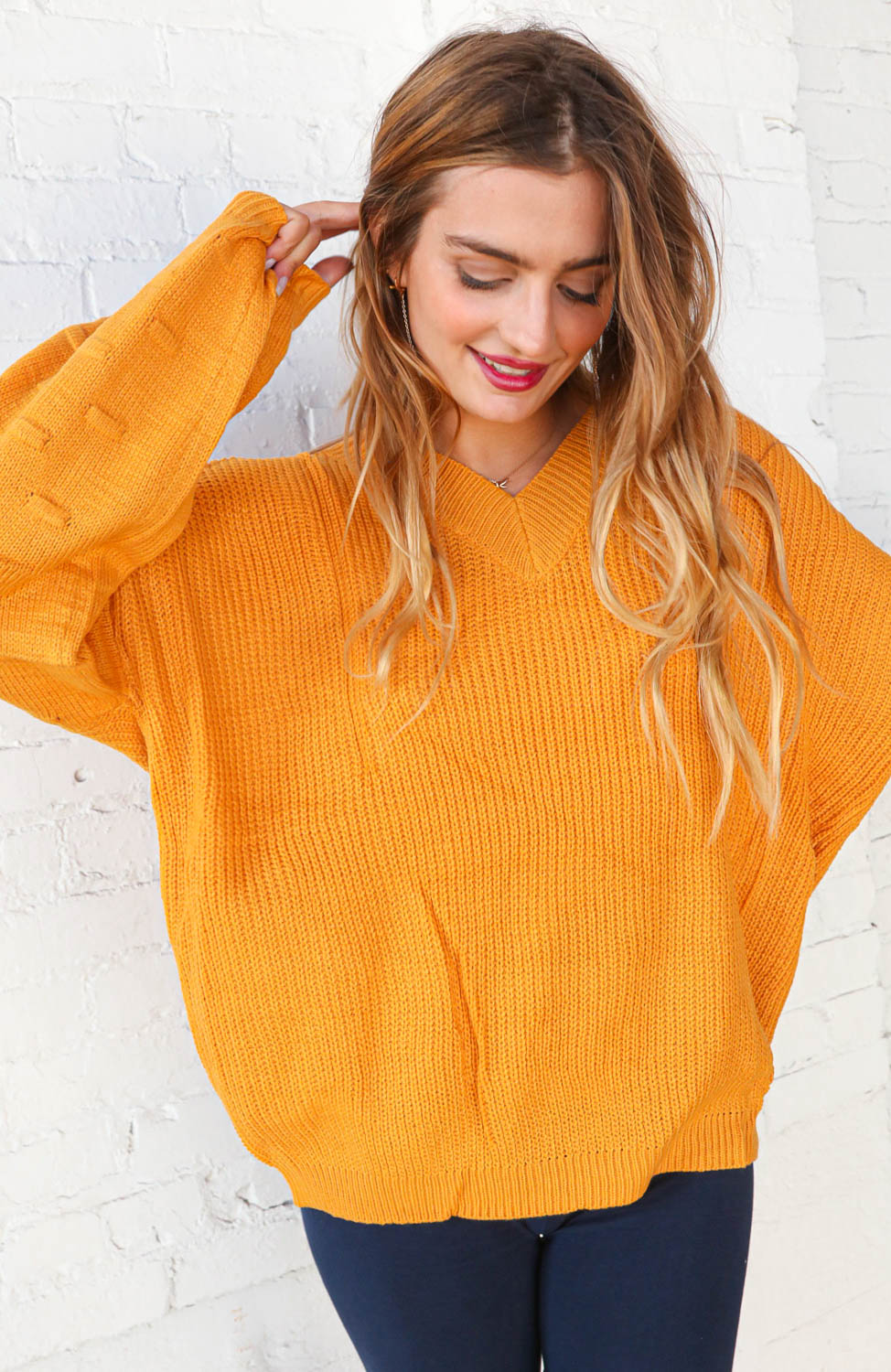 Mustard V Neck Chunky Textured Bubble Sleeve Sweater Haptics