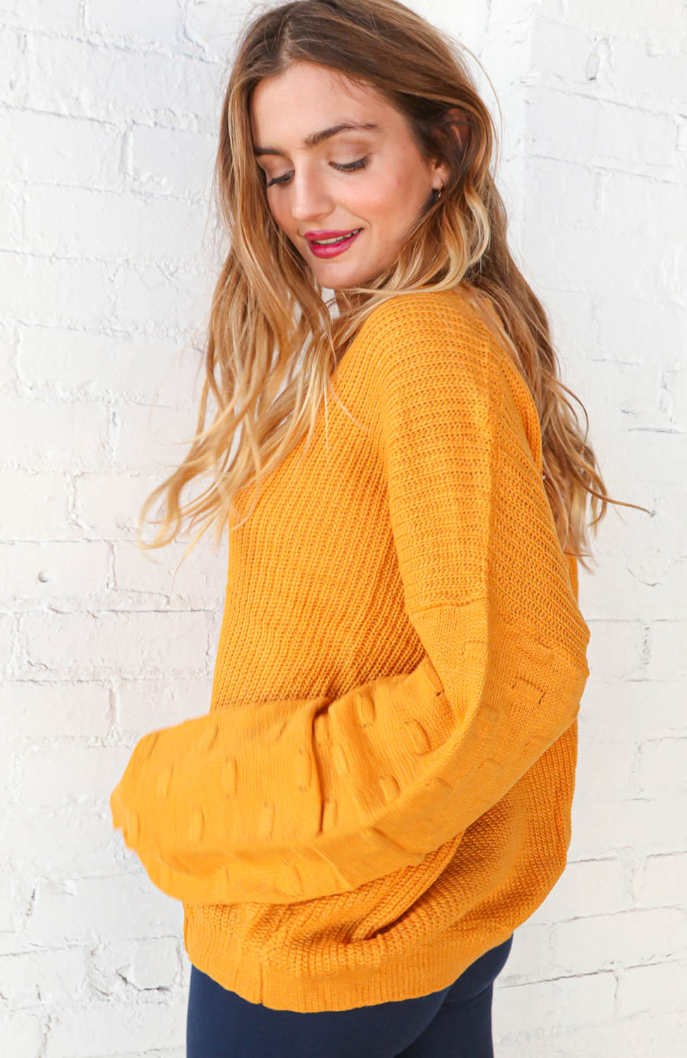 Mustard V Neck Chunky Textured Bubble Sleeve Sweater Haptics