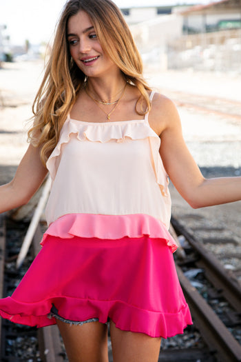 Peach/Fuchsia Ruffle Tiered Sleeveless Crepe Tank Top Haptics