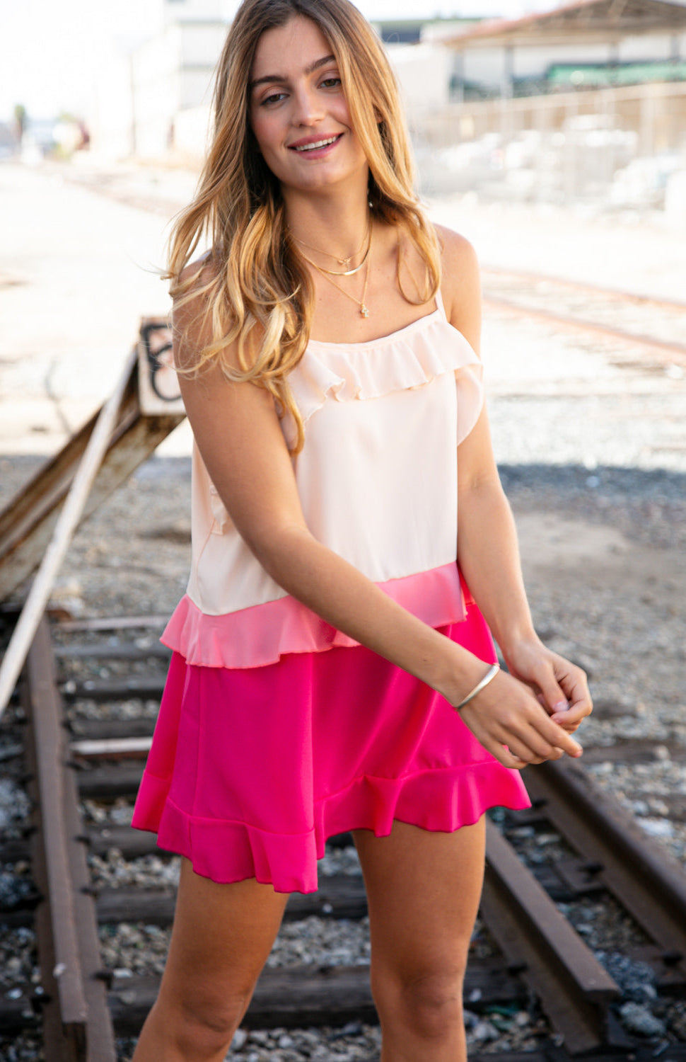 Peach/Fuchsia Ruffle Tiered Sleeveless Crepe Tank Top Haptics