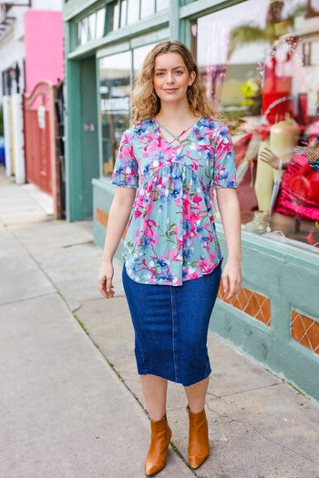 Sunny Days Light Teal Floral Criss Cross V Neck Babydoll Top Hayzel