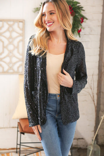 Black Sequin Lapel Collar Pocketed Holiday Jacket Sugarfox