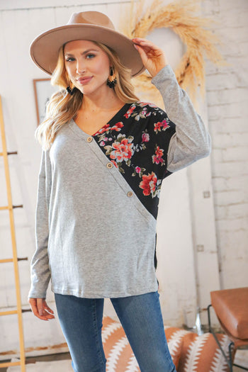 Grey & Black Floral Surplice Button Knit Top Haptics