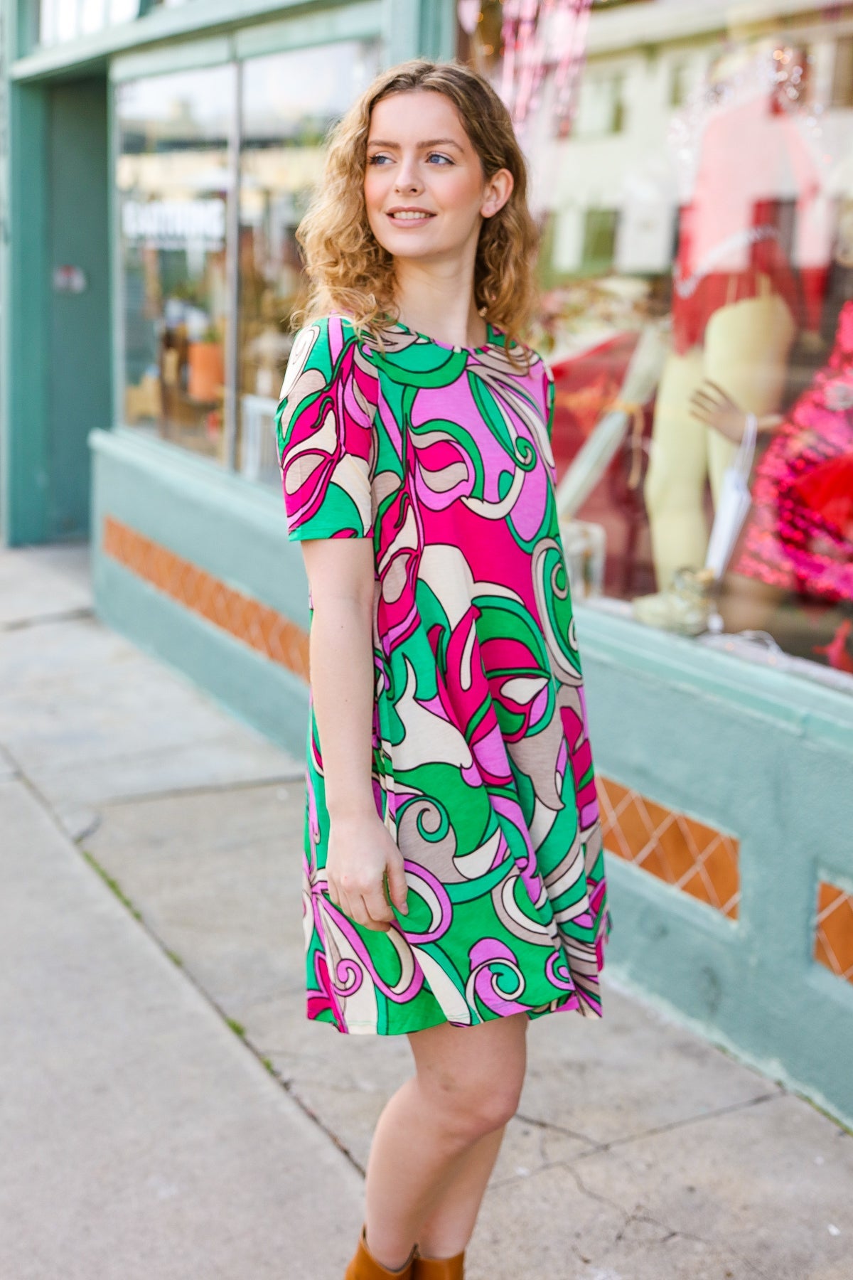 Feeling Bold Fuchsia & Green Abstract Floral Print Dress Hayzel