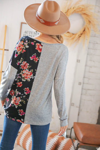 Grey & Black Floral Surplice Button Knit Top Haptics