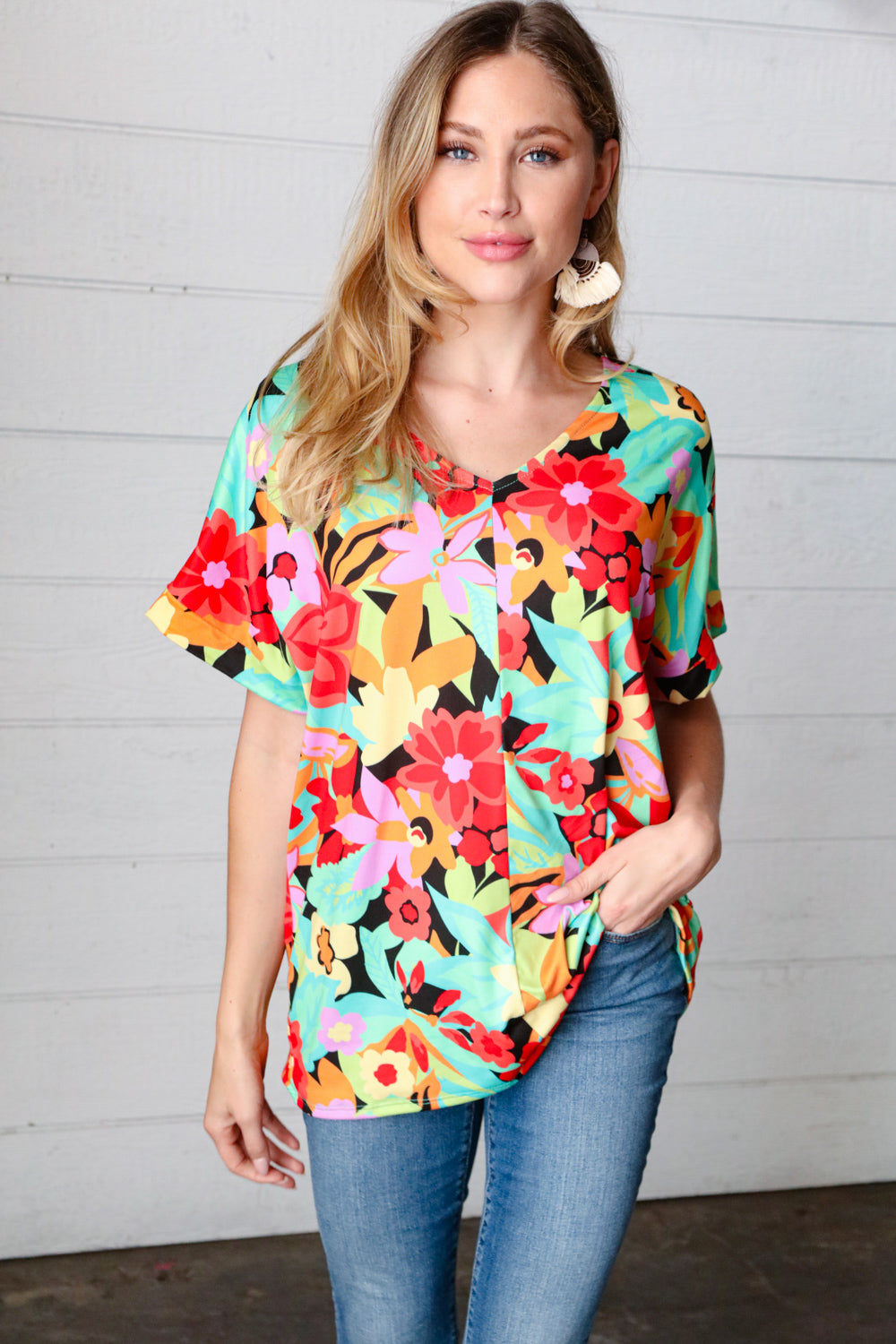 Multicolor Tropical Floral V Neck Drop Shoulder Top Haptics