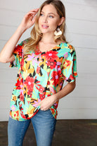 Multicolor Tropical Floral V Neck Drop Shoulder Top Haptics