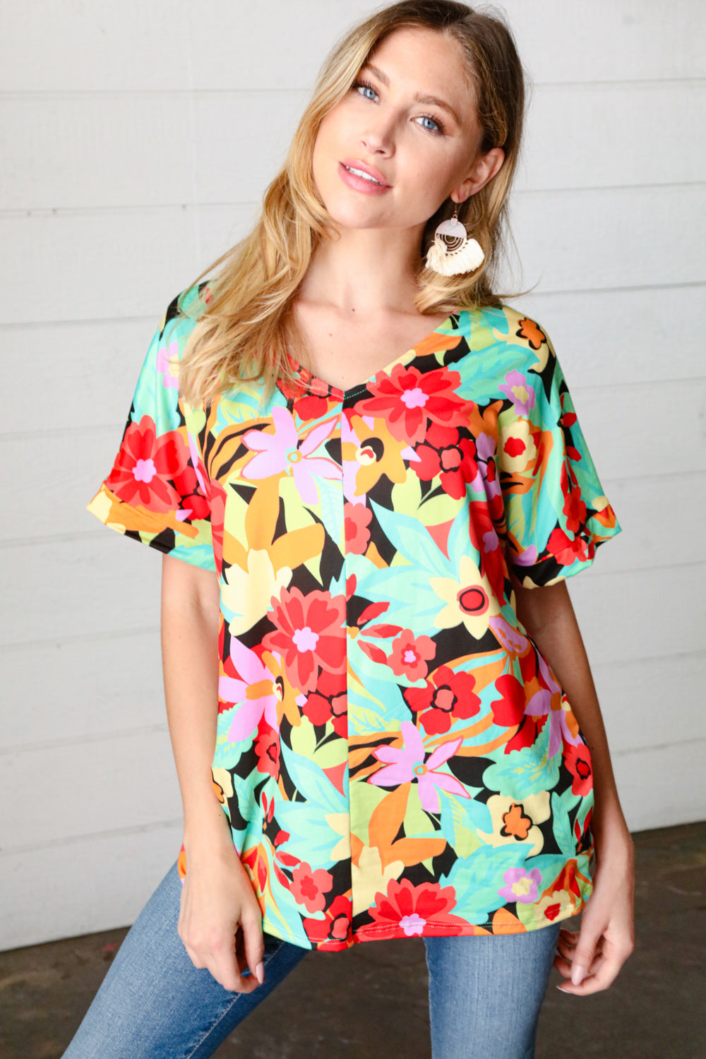 Multicolor Tropical Floral V Neck Drop Shoulder Top Haptics