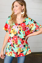 Multicolor Tropical Floral V Neck Drop Shoulder Top Haptics