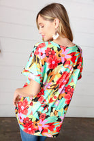 Multicolor Tropical Floral V Neck Drop Shoulder Top Haptics