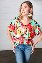 Multicolor Tropical Floral V Neck Drop Shoulder Top Haptics