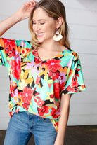 Multicolor Tropical Floral V Neck Drop Shoulder Top Haptics