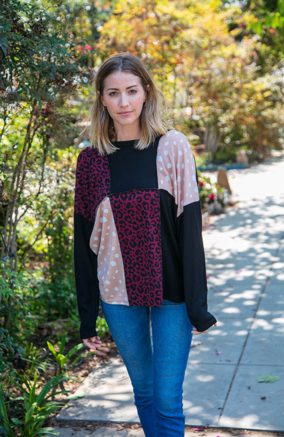 Cashmere Feel Leopard Patch Work Dolman Top Haptics