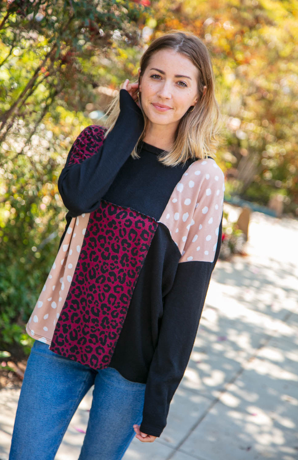 Cashmere Feel Leopard Patch Work Dolman Top Haptics