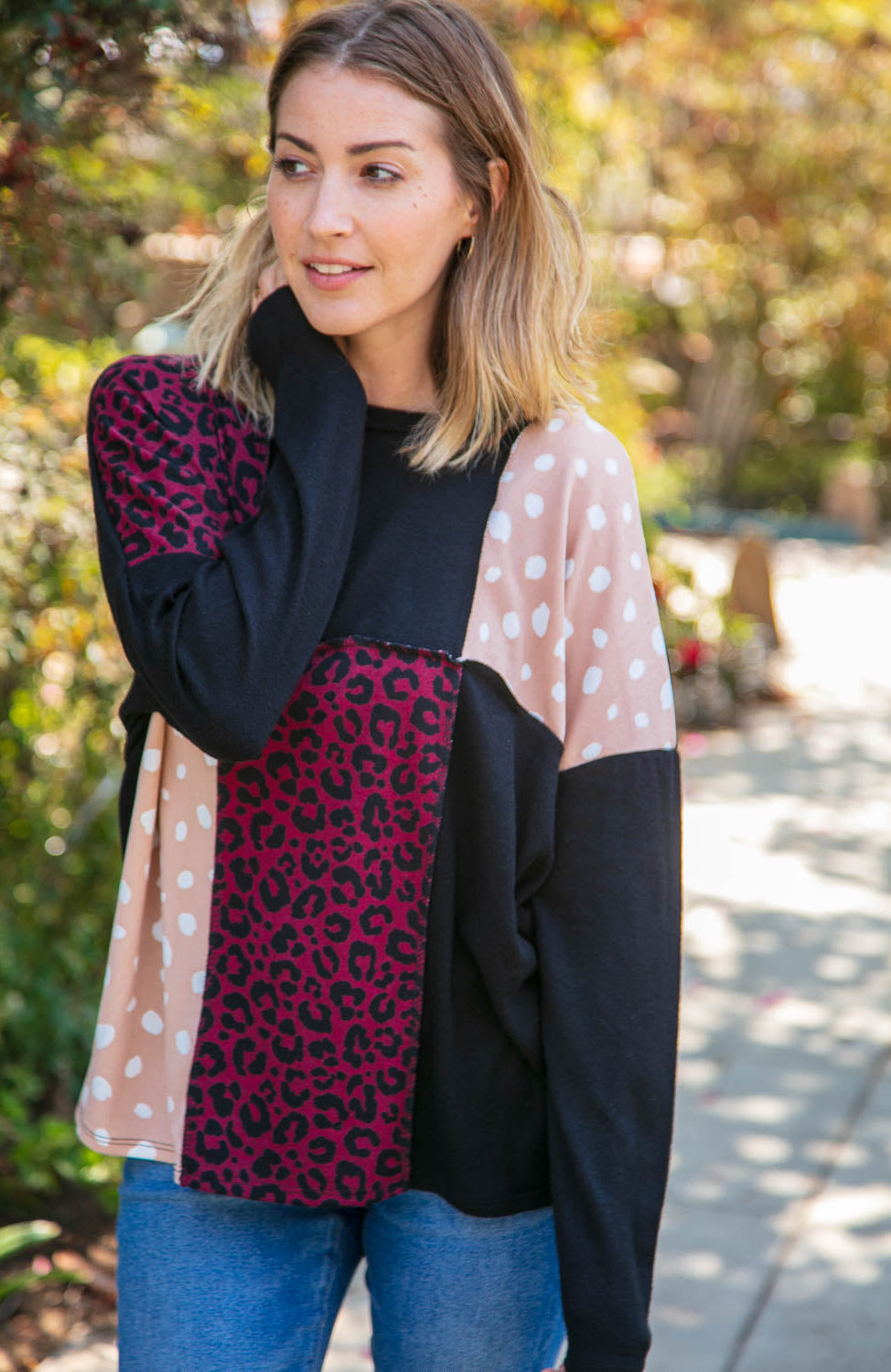 Cashmere Feel Leopard Patch Work Dolman Top Haptics