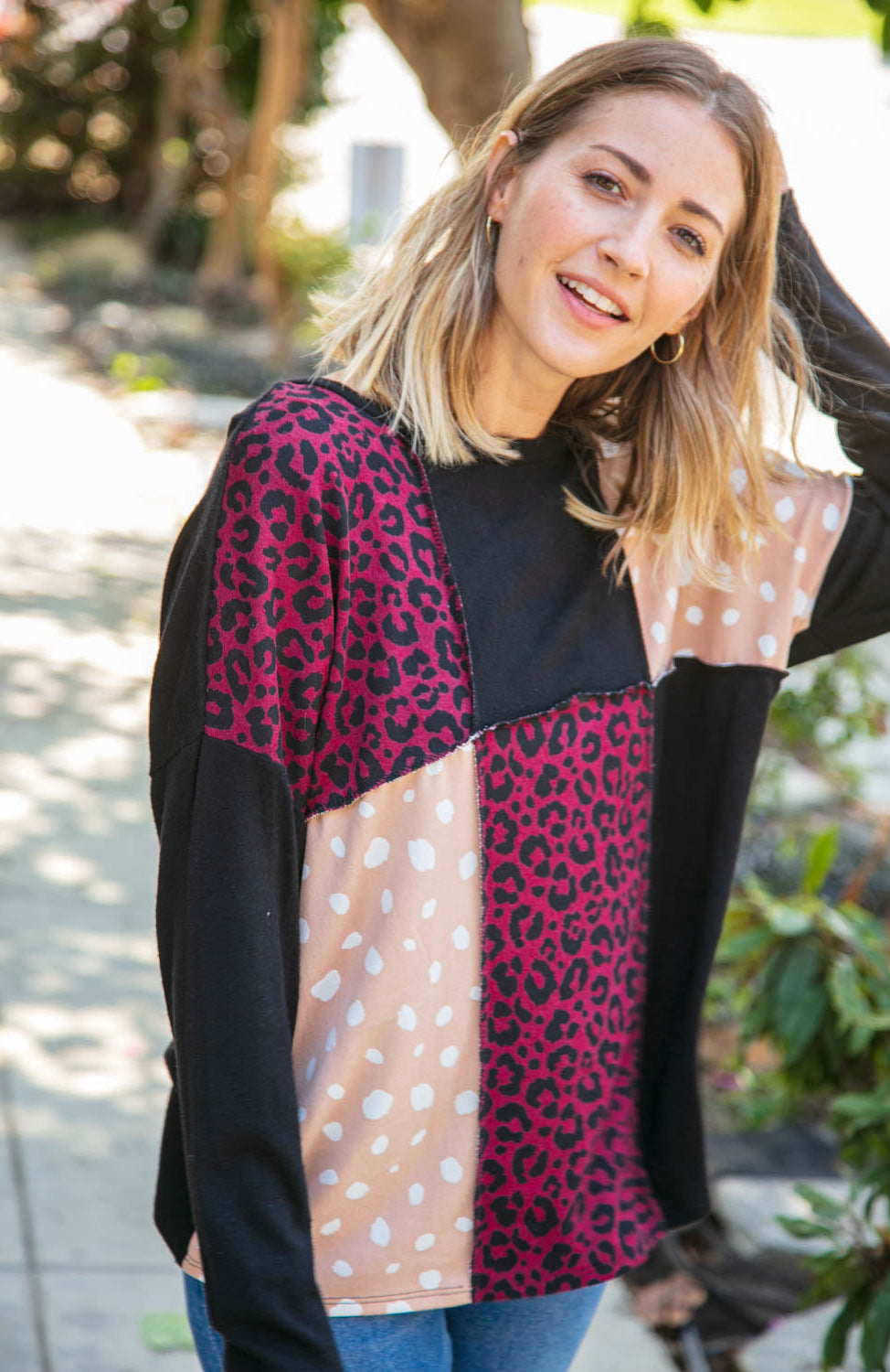 Cashmere Feel Leopard Patch Work Dolman Top Haptics