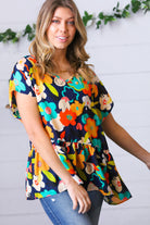 Navy & Green Geo Floral Babydoll Woven Top Haptics