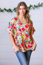 Red Flat Floral Pring Dolman Ruffle Frill Sleeve Blouse Haptics