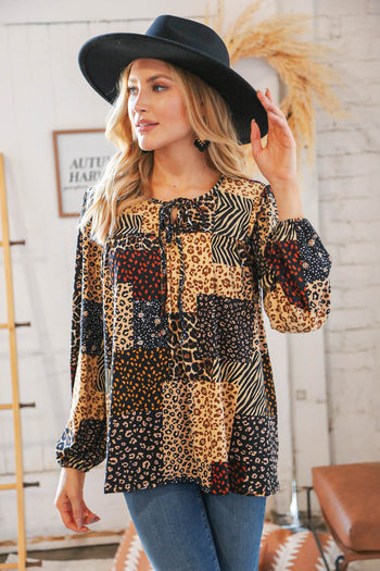 Black & Taupe Multi Leopard Patchwork Yoke Tie String Top Haptics