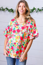 Red Flat Floral Pring Dolman Ruffle Frill Sleeve Blouse Haptics