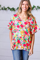 Red Flat Floral Pring Dolman Ruffle Frill Sleeve Blouse Haptics