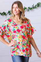 Red Flat Floral Pring Dolman Ruffle Frill Sleeve Blouse Haptics