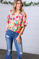 Red Flat Floral Pring Dolman Ruffle Frill Sleeve Blouse Haptics