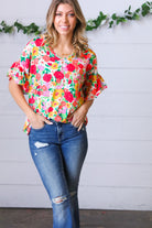 Red Flat Floral Pring Dolman Ruffle Frill Sleeve Blouse Haptics