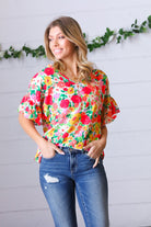 Red Flat Floral Pring Dolman Ruffle Frill Sleeve Blouse Haptics