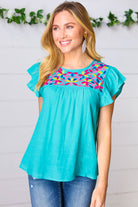 Turquoise Floral Embroidered Ruffle Sleeve Top Mine