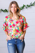 Red Flat Floral Pring Dolman Ruffle Frill Sleeve Blouse Haptics