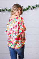 Red Flat Floral Pring Dolman Ruffle Frill Sleeve Blouse Haptics