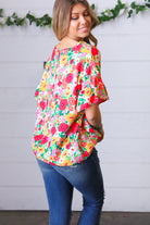 Red Flat Floral Pring Dolman Ruffle Frill Sleeve Blouse Haptics