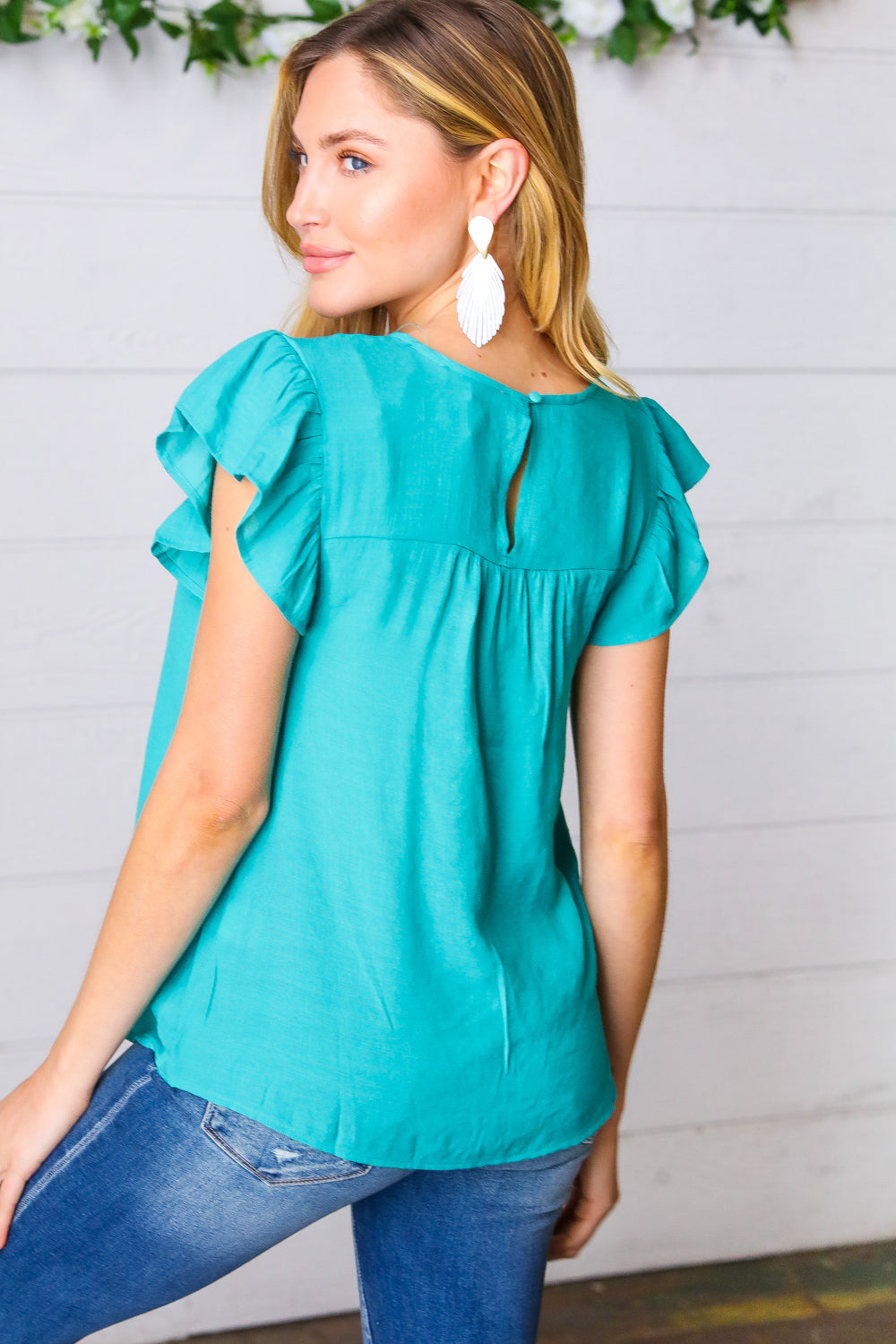 Turquoise Floral Embroidered Ruffle Sleeve Top Mine