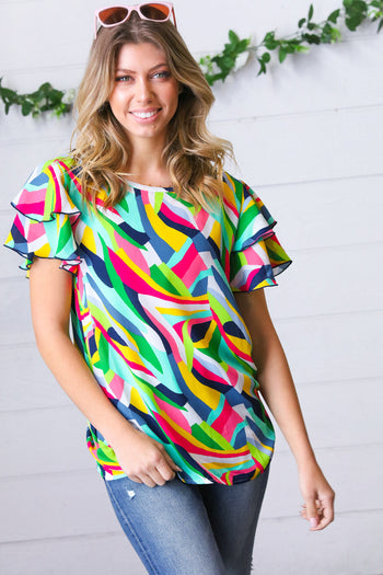 Geo Multicolor Print Flutter Sleeve Woven Top Haptics