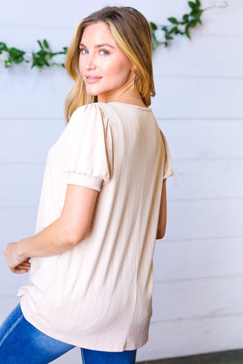 Taupe Wide Rib Puff Sleeve Top Haptics