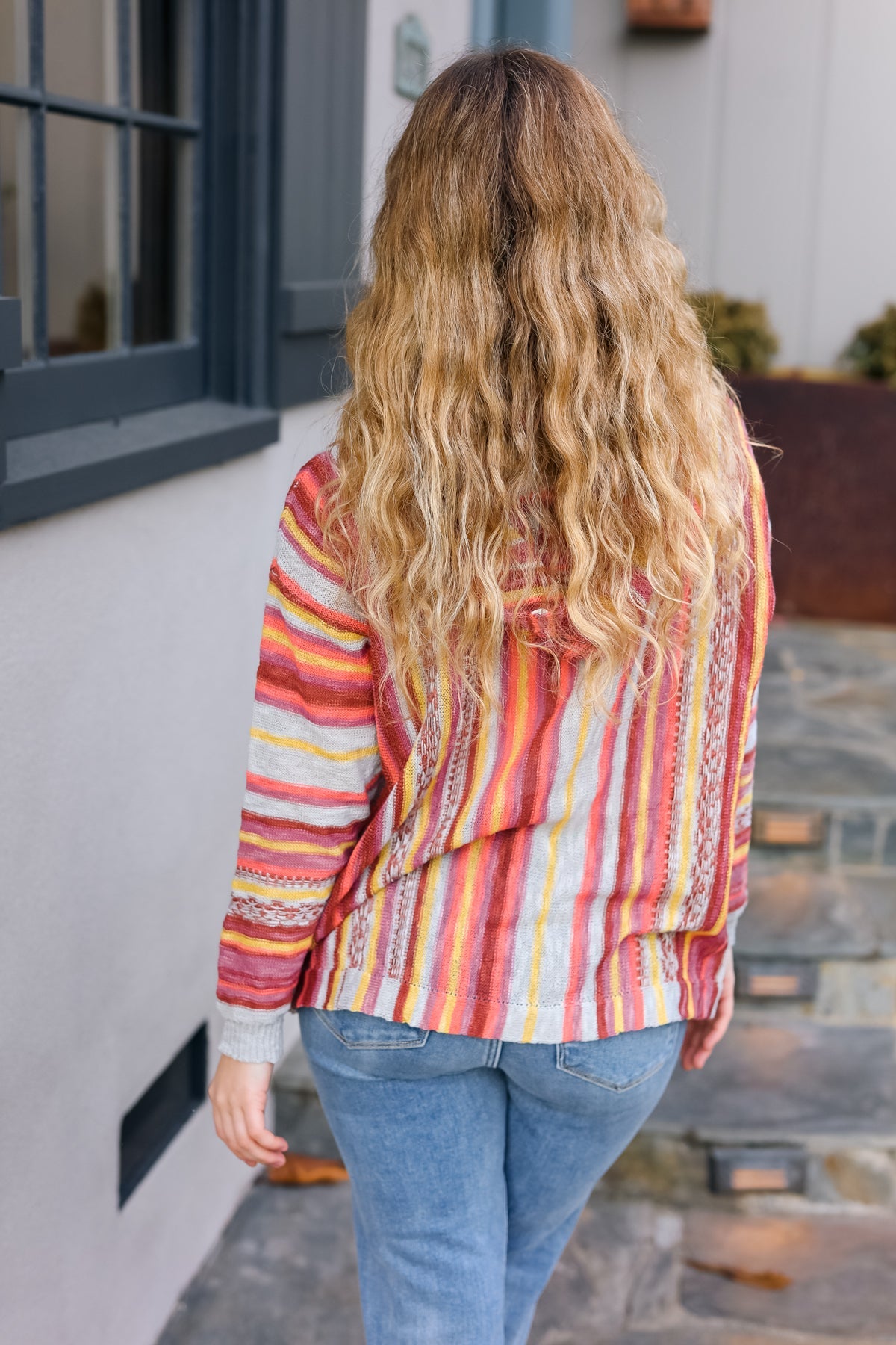 Be Bold Coral & Sienna Stripe Pullover Notched Neck Hoodie Haptics