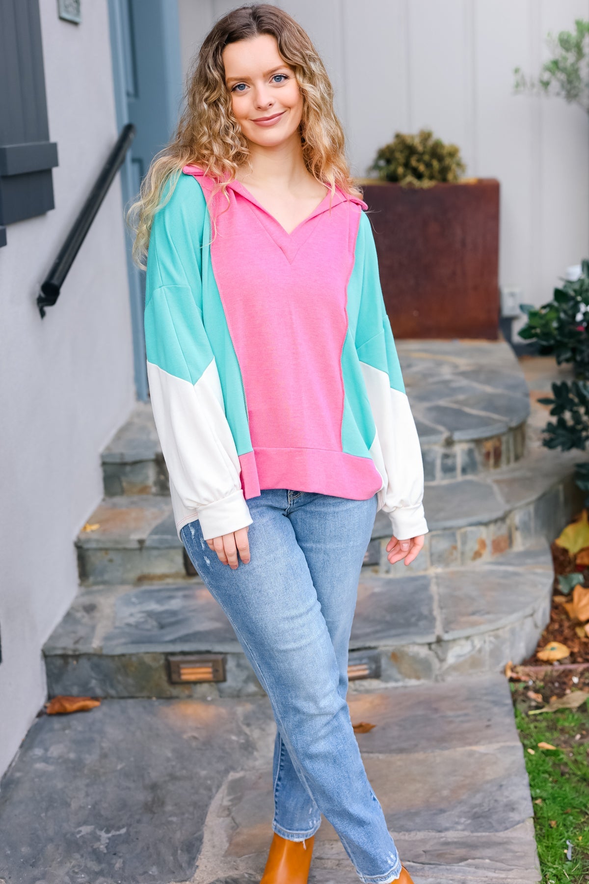 Stand Out Hot Pink & Mint V Neck Collared Terry Color Block Top Haptics