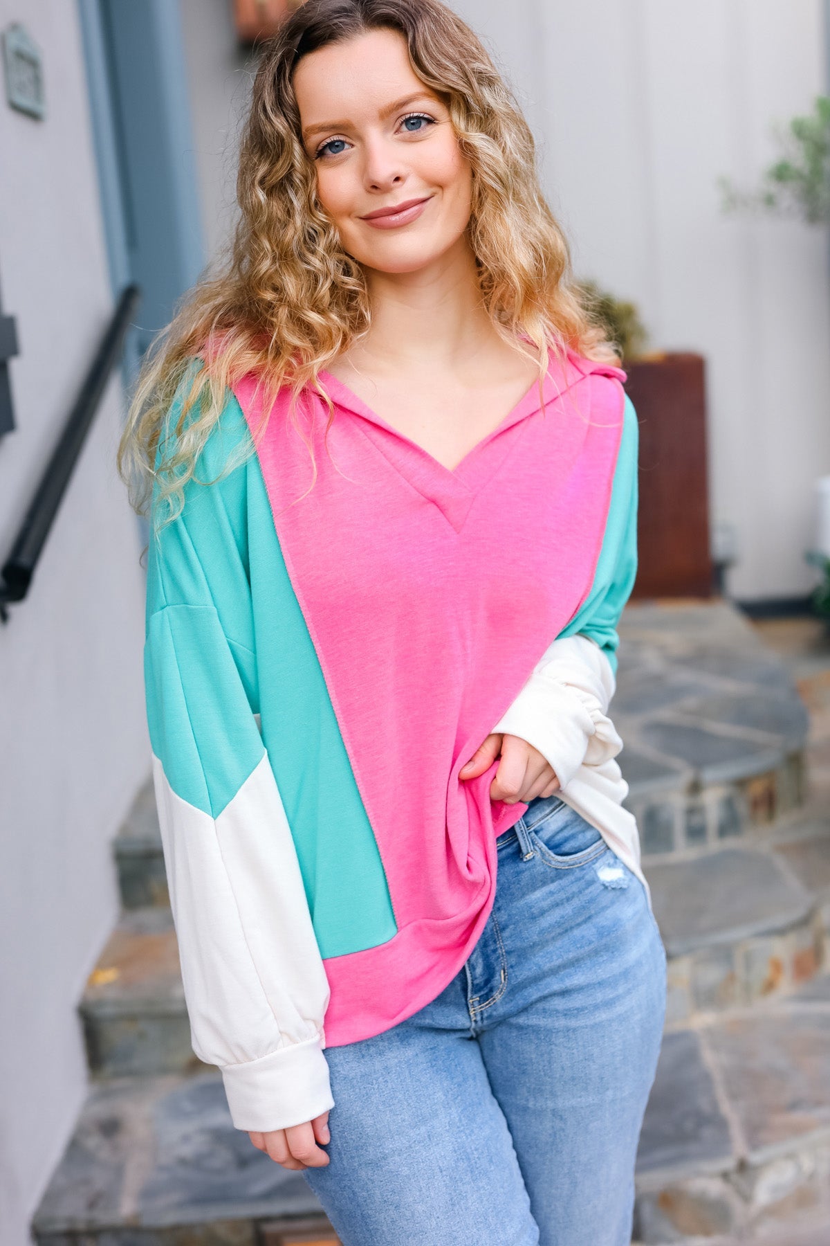 Stand Out Hot Pink & Mint V Neck Collared Terry Color Block Top Haptics