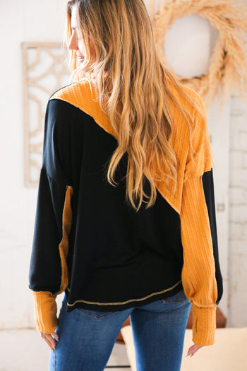 Mustard Cable Knit Outseam V Neck Thumbhole Sweater Sugarfox