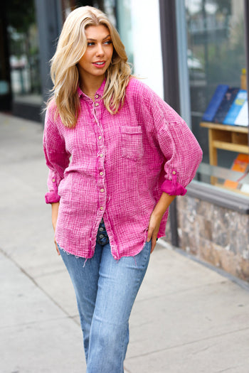 Magenta Washed Cotton Gauze Button Down Shirt Zenana