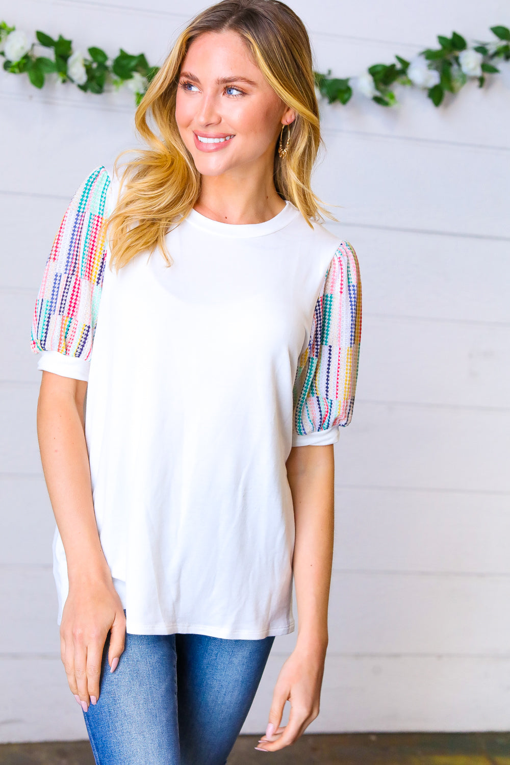 Ivory Multicolor Vertical Stripe Puff Sleeve Top Haptics